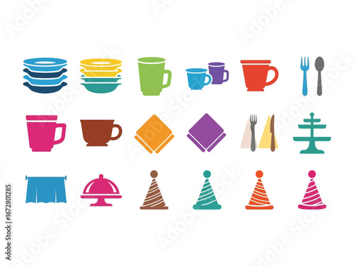 Festive Tableware: An assortment of colorful tableware and celebratory items arranged, showcasing a variety of plates, cups, cutlery, and party hats in a delightful, eye-catching display.
