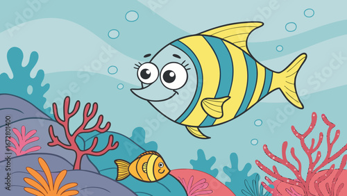 Cute cartoon fish swimming underwater with coral reef vector illustration for kids and children learning art