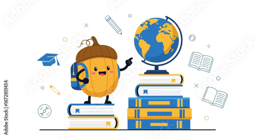Cute Animated Acorn Character Studying Global Geography and Education Concepts