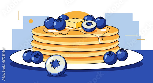 Delicious Pancakes With Blueberries And Butter Illustration For Breakfast Or Brunch