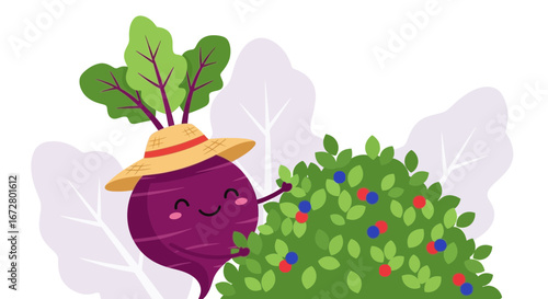 Cute Beet Character Farming Delicious Berries in A Whimsical Botanical Garden Scene