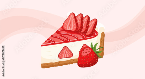 Delicious Strawberry Cheesecake Slice Illustration On Pink Background Creative Dessert Artwork