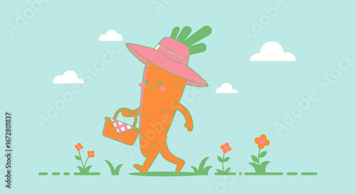 Cute Carrot with Picnic Basket on a Sunny Day Ready for a Spring Outing