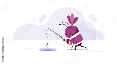 Cute Cartoon Character Fishing Through A Frozen Hole In An Artistic Illustration Style