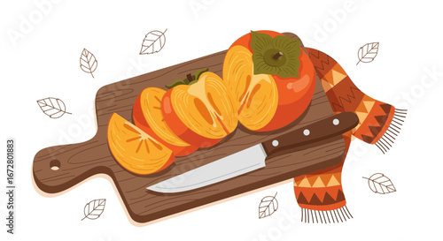 Deliciously Sliced Persimmon Fruit on Wooden Cutting Board with Autumnal Scarf