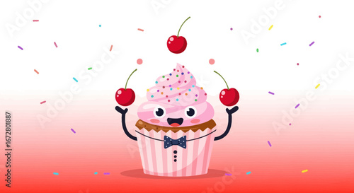 Cute Cartoon Cupcake Juggling Cherries With Funny Face And Sprinkles In The Air