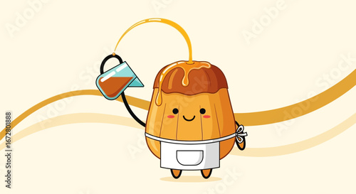 Cute Cartoon Dessert Character with Liquid Pouring Over Its Head and A Smiling Face