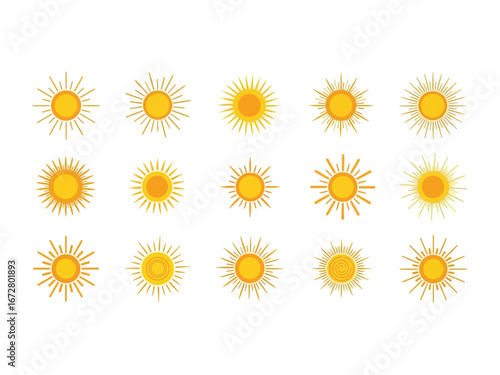 Celestial Array: A vibrant collection of meticulously crafted sun illustrations radiates warmth and positivity, embodying the spirit of summer and bright days. 