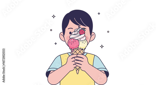 Delighted Child Enjoying Delicious Ice Cream Cone on Warm Summer Day