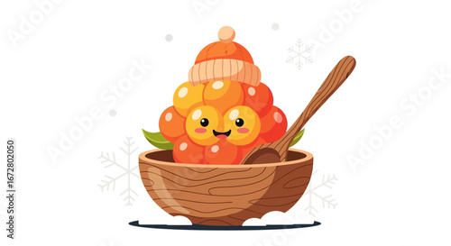 Cute Cartoonish Cloudberry With Hat in Wooden Bowl and Winter Elements