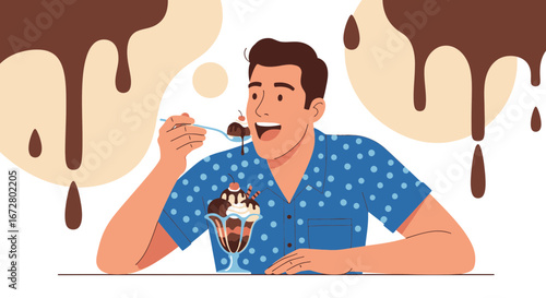 Delighted Diner: A Man Enjoying Delicious Dessert and Dreamlike Chocolate Accents