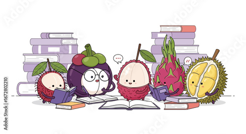 Cute Fruit Cartoon Characters Reading Books and Studying Illustration Together