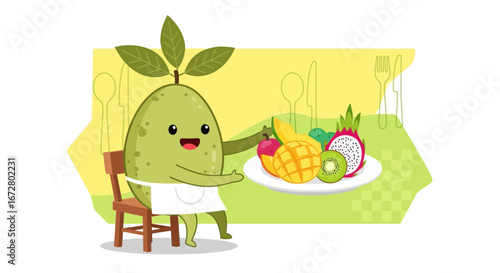 Cute Fruit Character Serving Exotic Fruits on Plate Creating Delicious Illustration