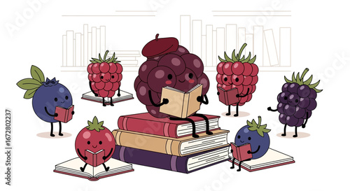Cute Fruits Reading In Front Of Books Depicting Literary Interest and Education