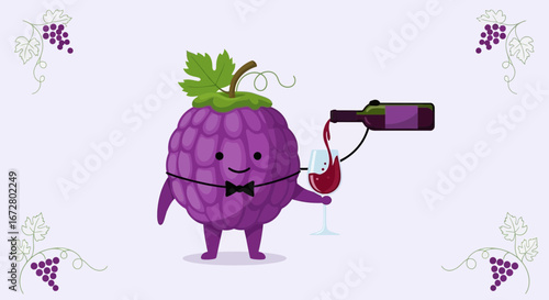 Cute Grape Character Pouring Red Wine into a Glass, Cartoon Illustration Design