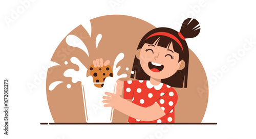 Delighted Girl Dunking Cookie Into Delicious Milk With Splashes and Joyful Moments