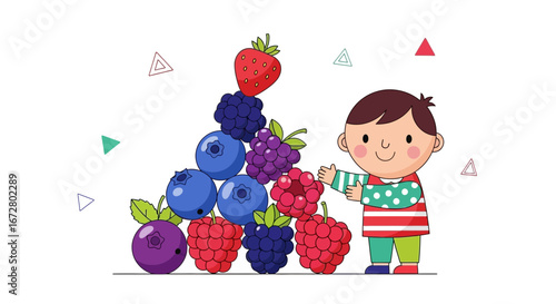 Cute Illustration Of A Child With Berry Pile Surrounded By Geometric Shapes