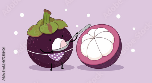 Cute Mangosteen Cartoon Enjoying Its Delicous Pulp Sweet Treat With A Spoon And Smile