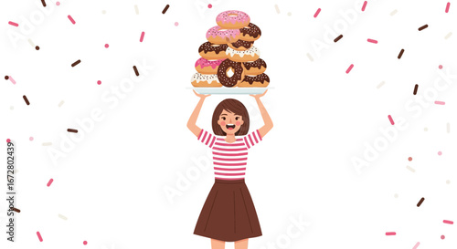 Delighted Lady Carrying A Tower Of Donuts; A Sweet Treat Celebration Illustration