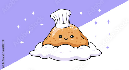 Cute Pastry Chef Floating On A Cloud With A Chef Hat Against Purple And White Background