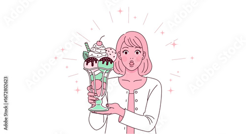 Delighted Woman Holding an Impressive Sundae, Perfect Dessert Illustration