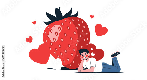 Cute Strawberry And Love With A Relaxed Man, An Illustration Of Affection