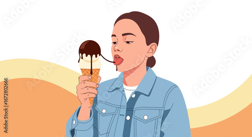 Delighted Woman Savoring A Decadent Ice Cream Cone, Artistic Illustration