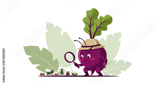 Cute Vector Illustration of a Beetroot Explorer Examining Insects in Detailed Viewfield