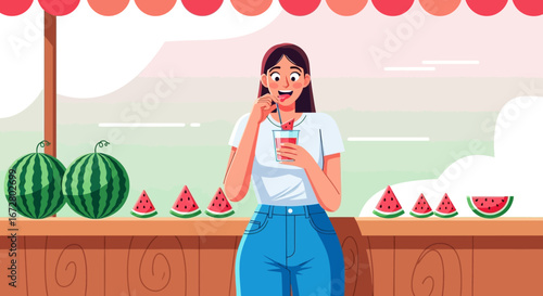 Delighted Woman Sipping Refreshing Watermelon Drink at Fruit Stand on Sunny Day