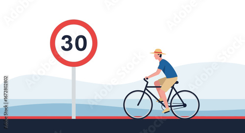 Cyclist Approaching Speed Limit Sign On A Two-Wheeled Bicycle In The Open Air