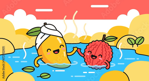 Delightful Animated Mango and Lychee Characters Enjoying a Relaxing Spa Treatment Together
