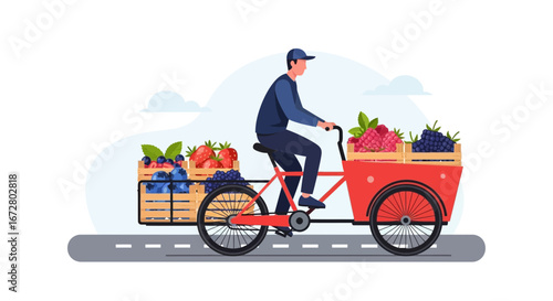 Cyclist Delivering Assortment Of Fresh Berries In Wooden Crates On A Cargo Bike