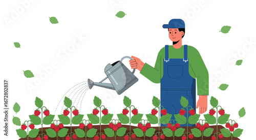 Creating Abundance: An Animated Gardener Nurturing Vibrant Strawberry Plants Outdoors