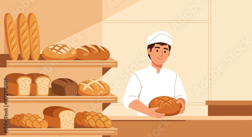 Delightful Baker Presenting Freshly Baked Bread in a Warm Bakery Environment