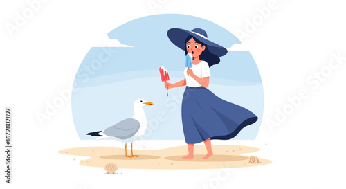 Delightful Beach Day: Girl Enjoying Ice Cream with A Gull Under A Sunny Sky