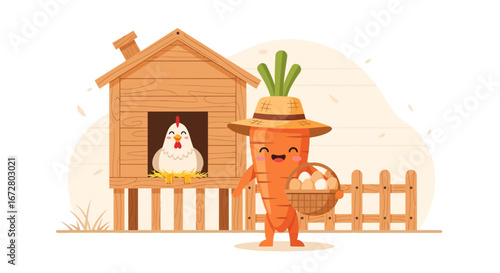 Delightful Carrot Farmer Presenting Eggs Beside A Chicken Coop With Grinning Face Expression