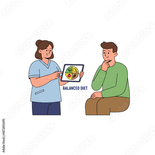 Nutritionist shares balanced diet plan with patient using a tablet, promoting healthy lifestyle choices
