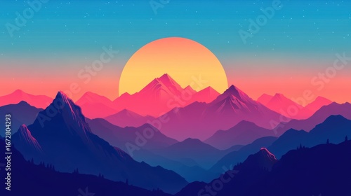 Vibrant mountain range sunset panorama.