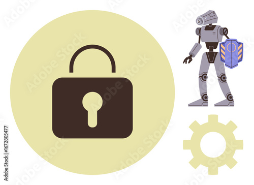 Locked padlock, robot holding shield, and gear symbolizing cybersecurity, artificial intelligence, and protection. Ideal for technology, defense, innovation, automation privacy safety simple flat