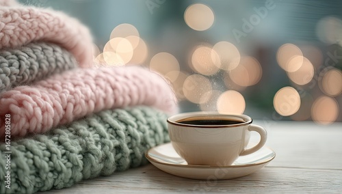 Wallpaper Mural Cozy scene with warm drink and stacked knitwear Torontodigital.ca