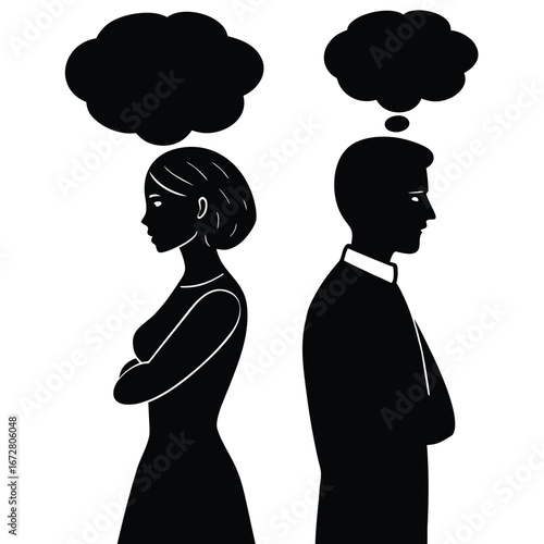 Black silhouettes of a couple with thought bubbles