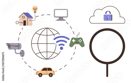 Global connectivity with icons of house, light bulb, computer, camera, car, game controller, cloud, magnifier. Ideal for IoT networking security home automation technology data exchange simple