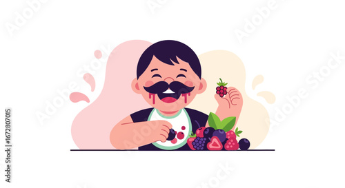 Delightful Child With a Playful Mustache Dines Exquisitely on a Vibrant Berry Assortment