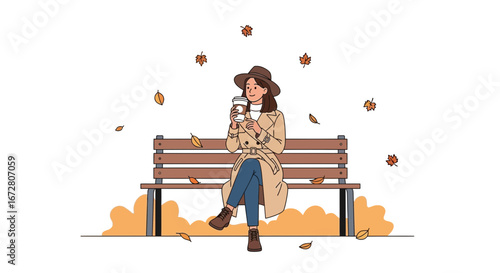 Elegant Woman Enjoys Coffee On A Bench During Autumn Season With Falling Leaves
