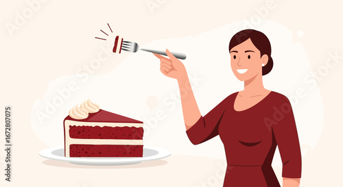 Delightful Dessert: Woman Savoring a Slice of Elegant, Rich Red Velvet Cake
