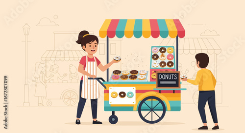 Delightful Donut Vendor Selling Sweet Treats To Customers On A Bright Street Scene