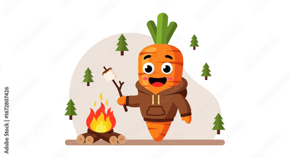 Naklejka premium Enchanting Carrot Character at Campfire Roasting Marshmallow Amidst Forest Scenery