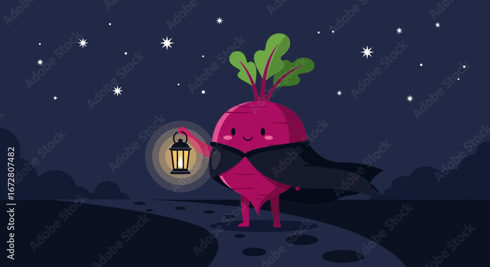 Fototapeta premium Enchanting Red Beetroot Character Illuminated Through Night with Starlight Pathway Adventure