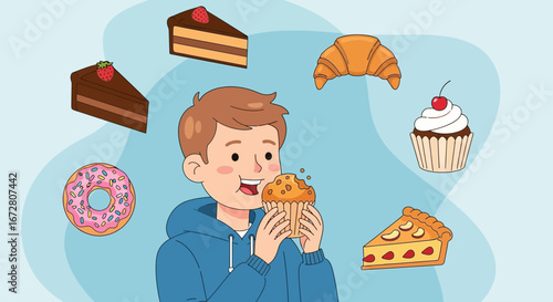 Delightful Person Enjoying Sweet Pastries and Desserts: A Whimsical Illustration