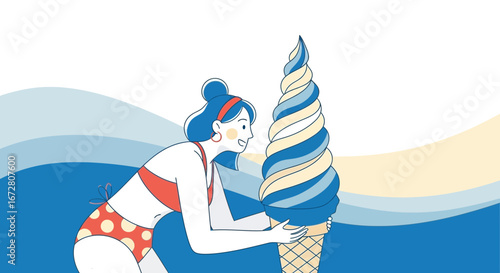 Delightful Summer Scene: Woman Admiring a Gigantic Swirled Ice Cream Cone Illustration